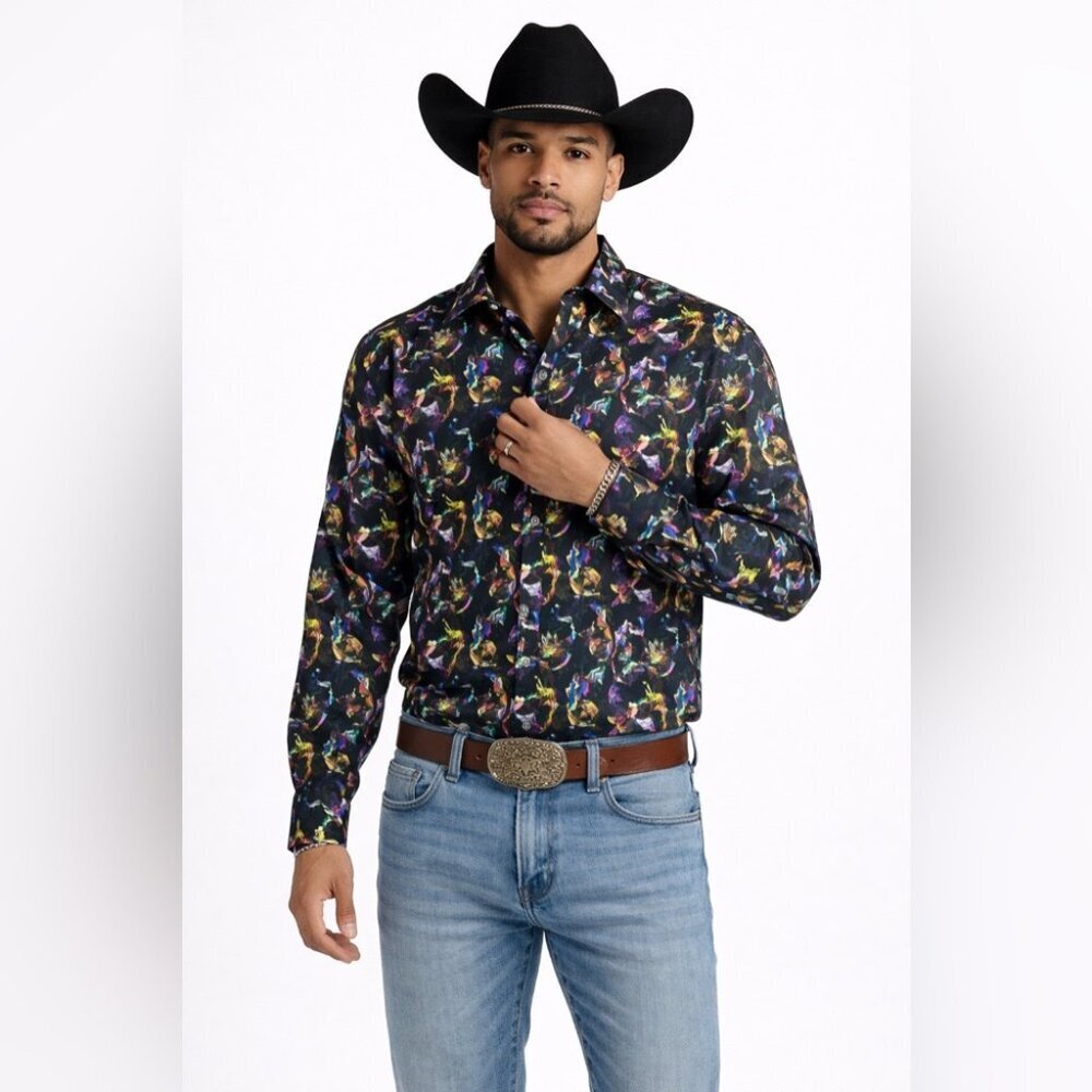 Eight X Premium Abstract Print Button Down Shirt Black Multicolor Size M Cotton